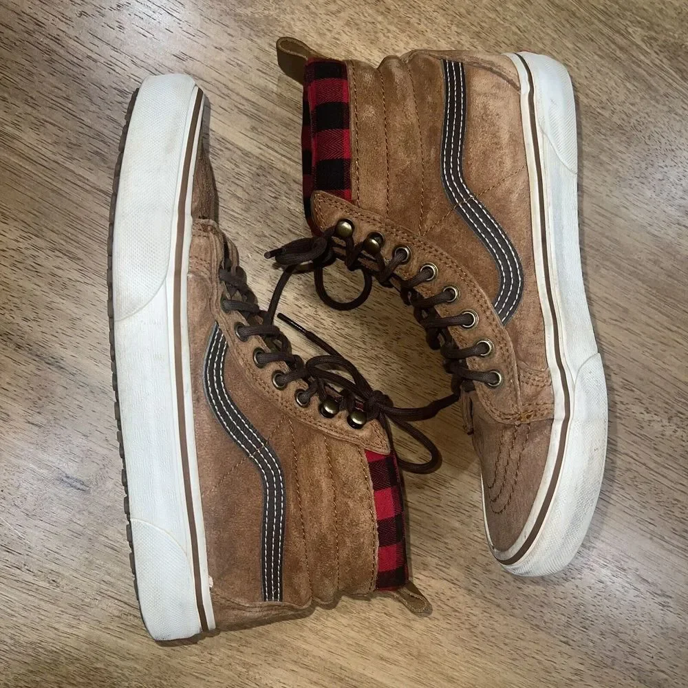 Vans Tan Suede High-Top Sneakers with Red Plaid Lining
